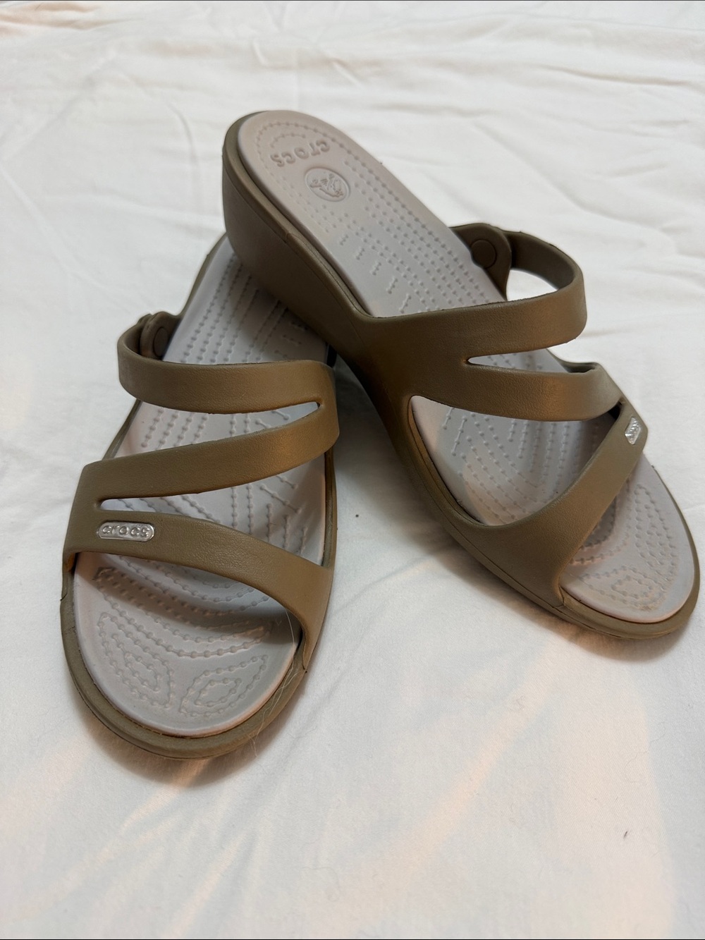 CROCS - LIKE NEW - Women’s Brown Triple-Strap Wedge Sandals